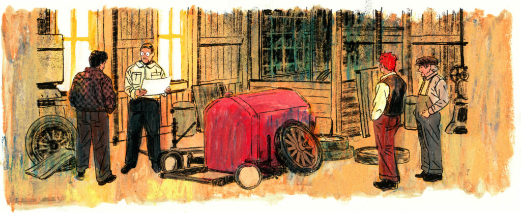 Les quatre hommes sont autour de pièces d'automobiles dans le garage.