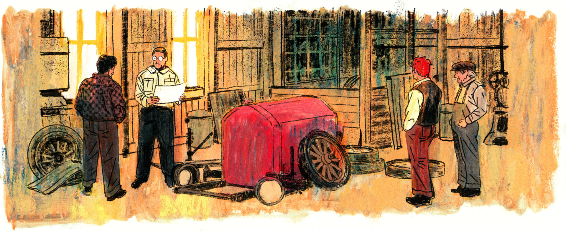 Les quatre hommes sont dans le garage qui est empli de morceaux de véhicule et des pièces auto.