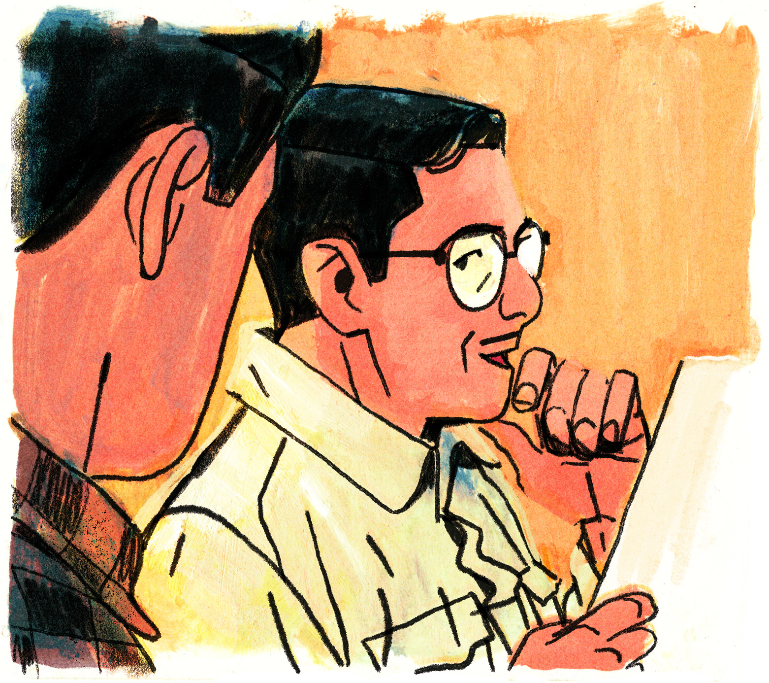 Joseph-Armand est songeur mais sûr de lui. Il a une feuille entre les mains et parle à Léopold