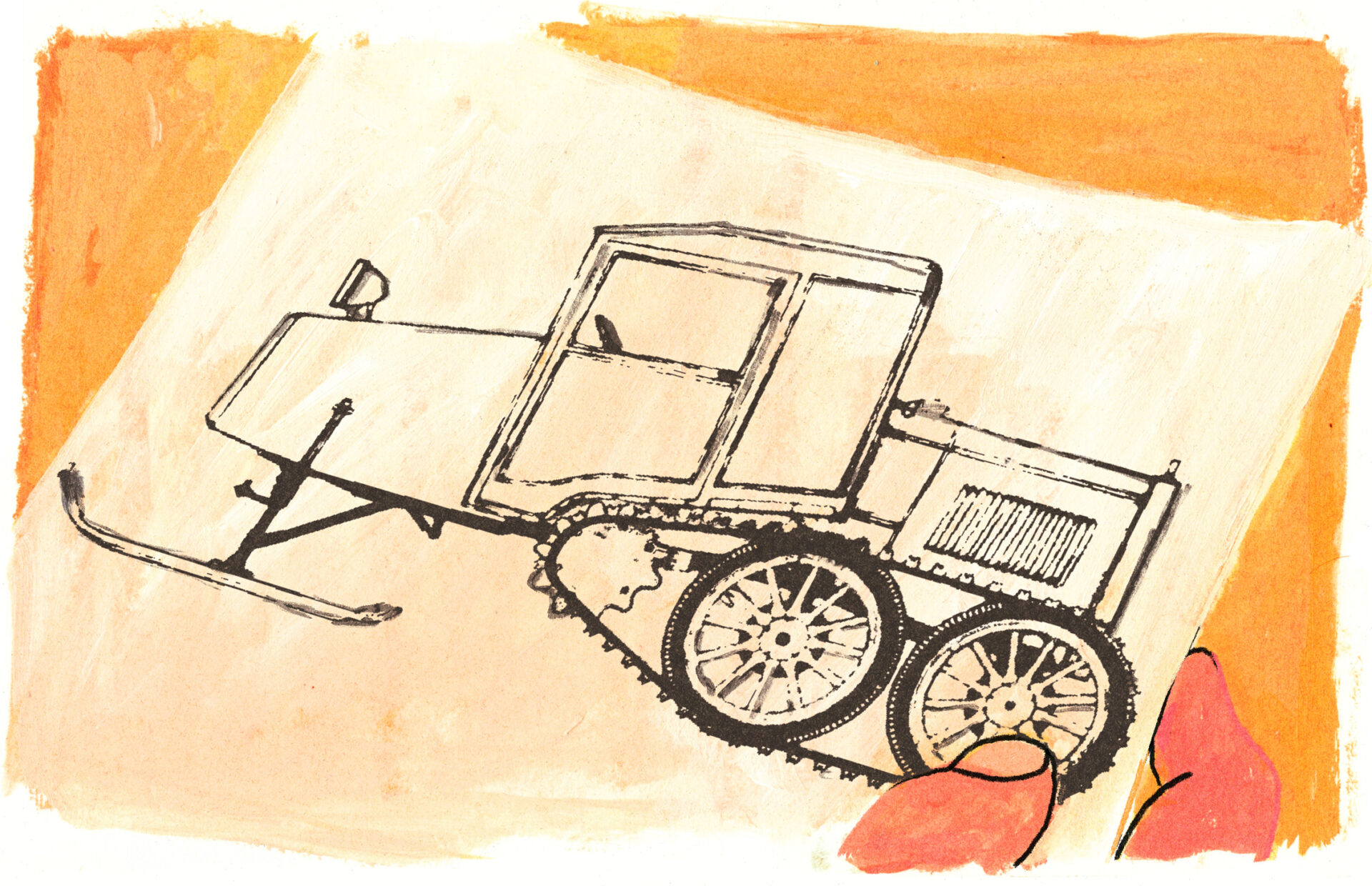 On aperçoit la feuille qui se trouvait dans les mains de Joseph-Armand : c'est un nouveau prototype d'autoneige, avec des roues entourées de chenilles à l'arrière.