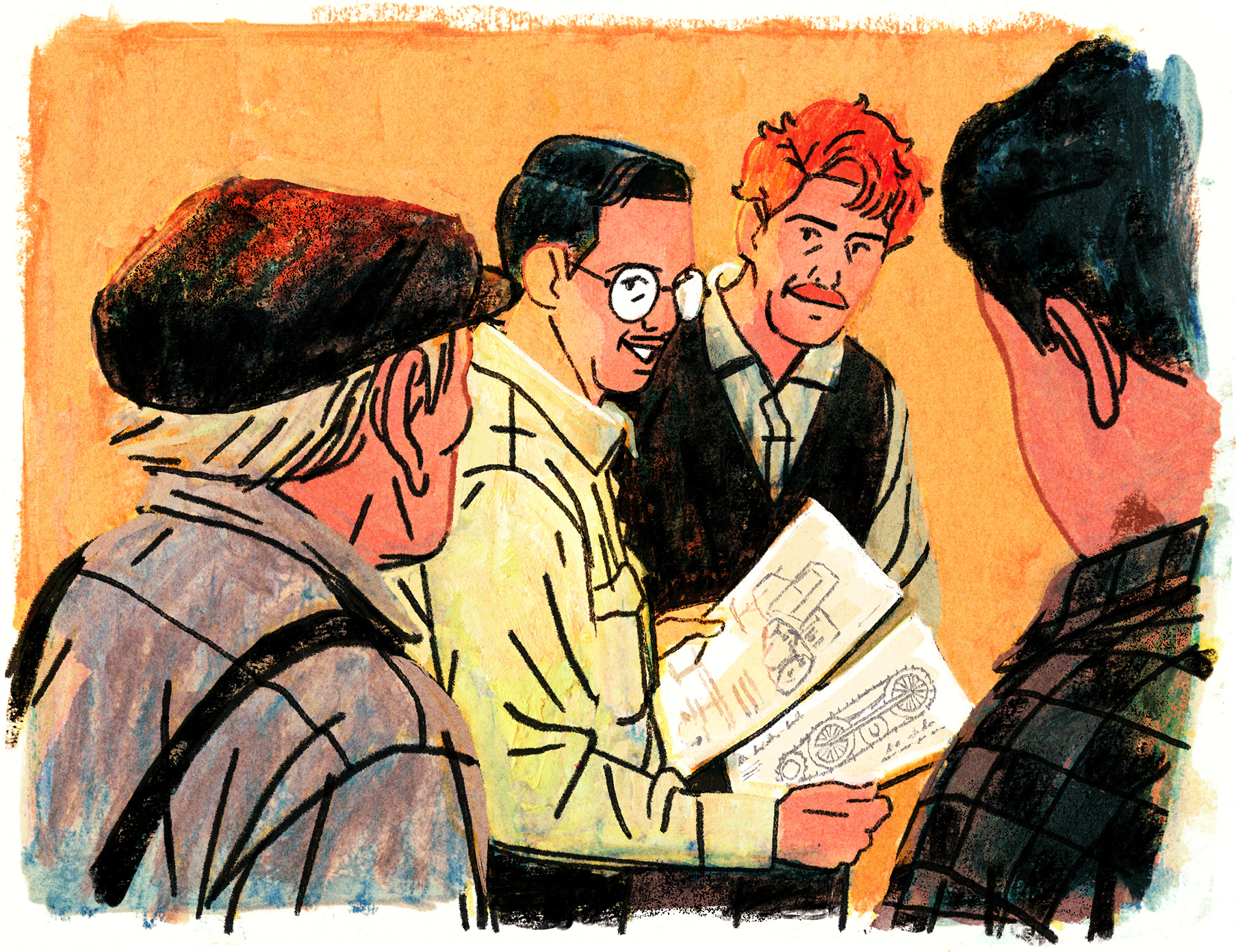 Joseph-Armand est enjoué de montrer les croquis de sa nouvelle idée. Les autres hommes se tiennent autour de lui pour venir observer les croquis.