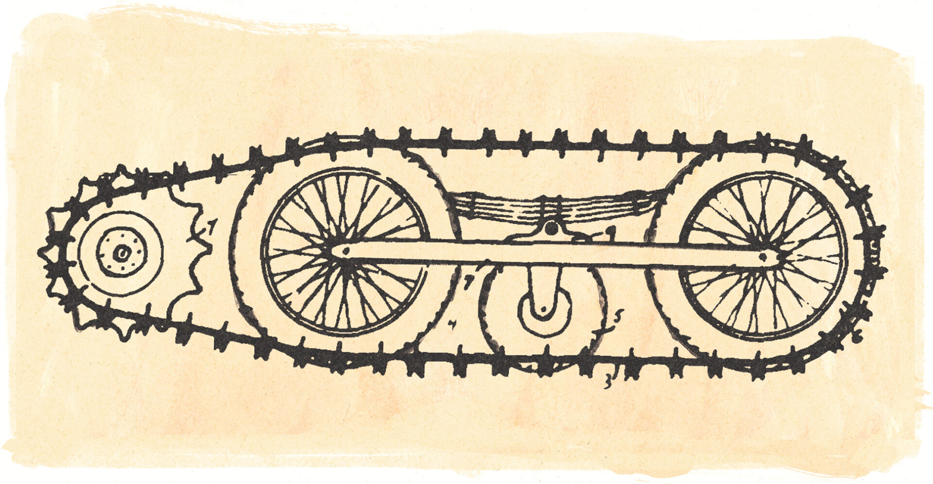 Schéma dudit système. Les deux grosses roues arrière sont liées par une barre. Un engrenage à l'avant fait traction pour faire avancer les chenilles, elles-mêmes fixées aux roues.