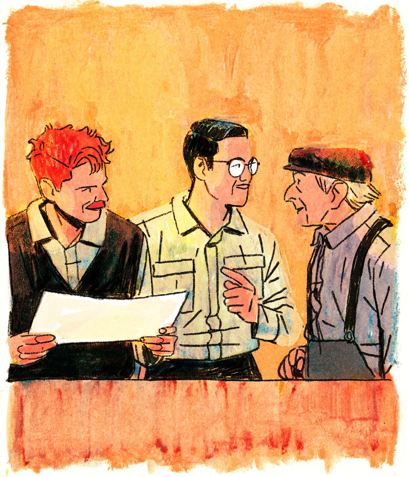 Les hommes discutent et commentent les croquis.