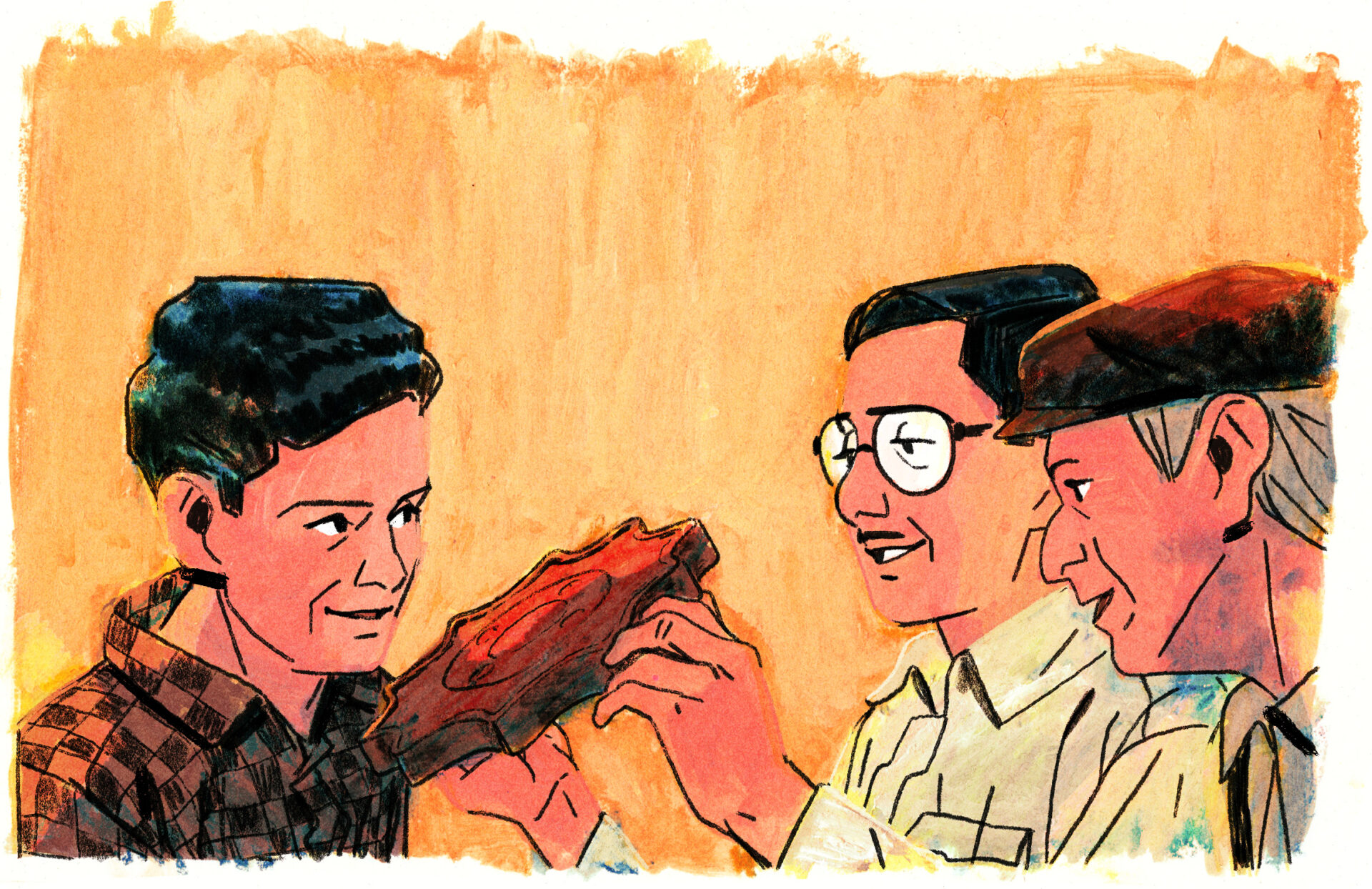 Joseph-Armand montre un prototype en bois du sprocket qu'il compte ajouter au système de traction.