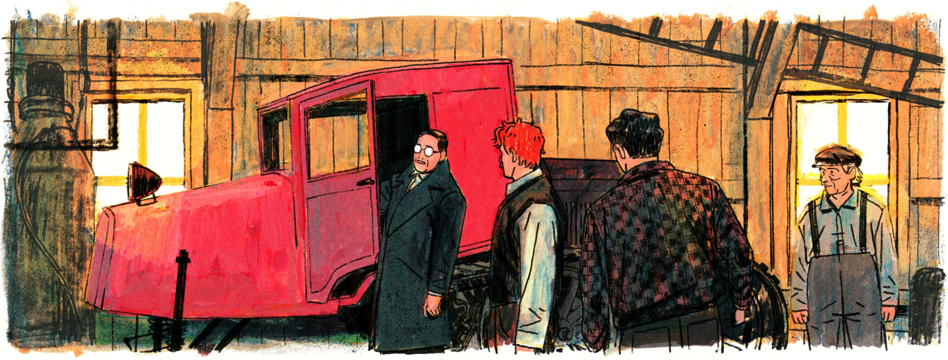 Joseph-Armand s'apprête à monter dans l'engin rouge. Les autres hommes sont rassemblés autour de l'engin.