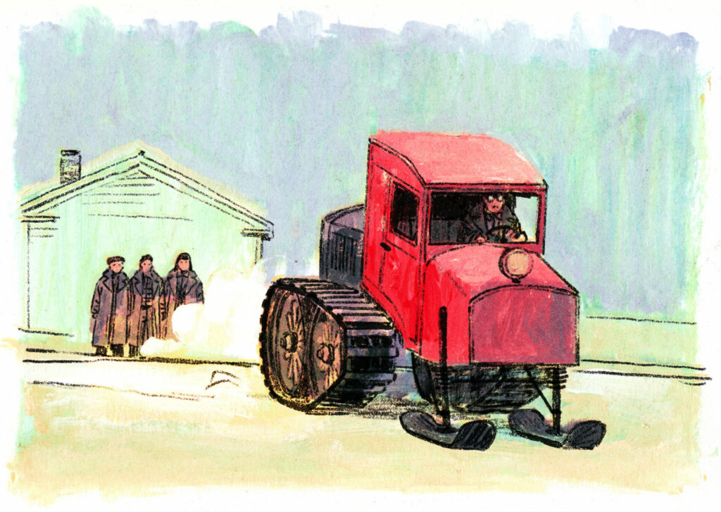 L'autoneige avance sur la neige.