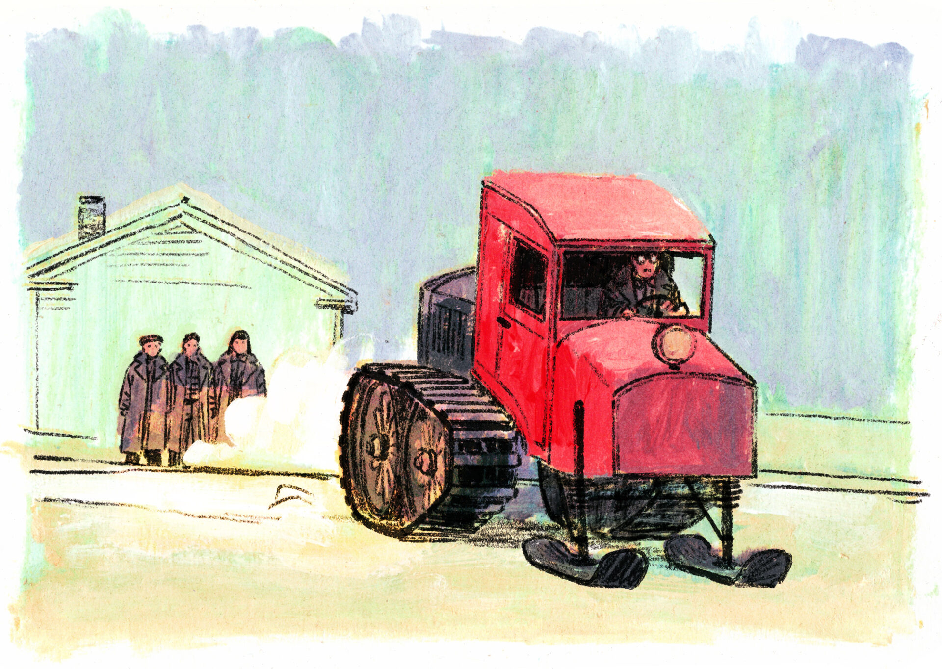 L'autoneige avance sur la neige tout en s'éloignant du garage et des 3 autres hommes qui observent la scène.