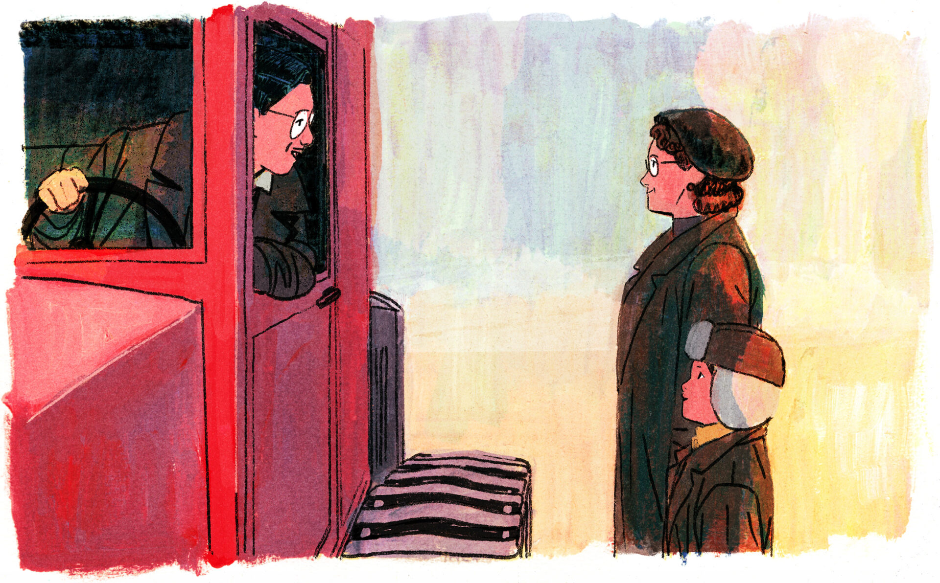 Joseph-Armand arrive jusqu’aux personnes que l’on voyait au loin. Ce sont en fait Yvonne et Germain, le plus grand fils de Joseph-Armand. Il leur parle par la fenêtre.