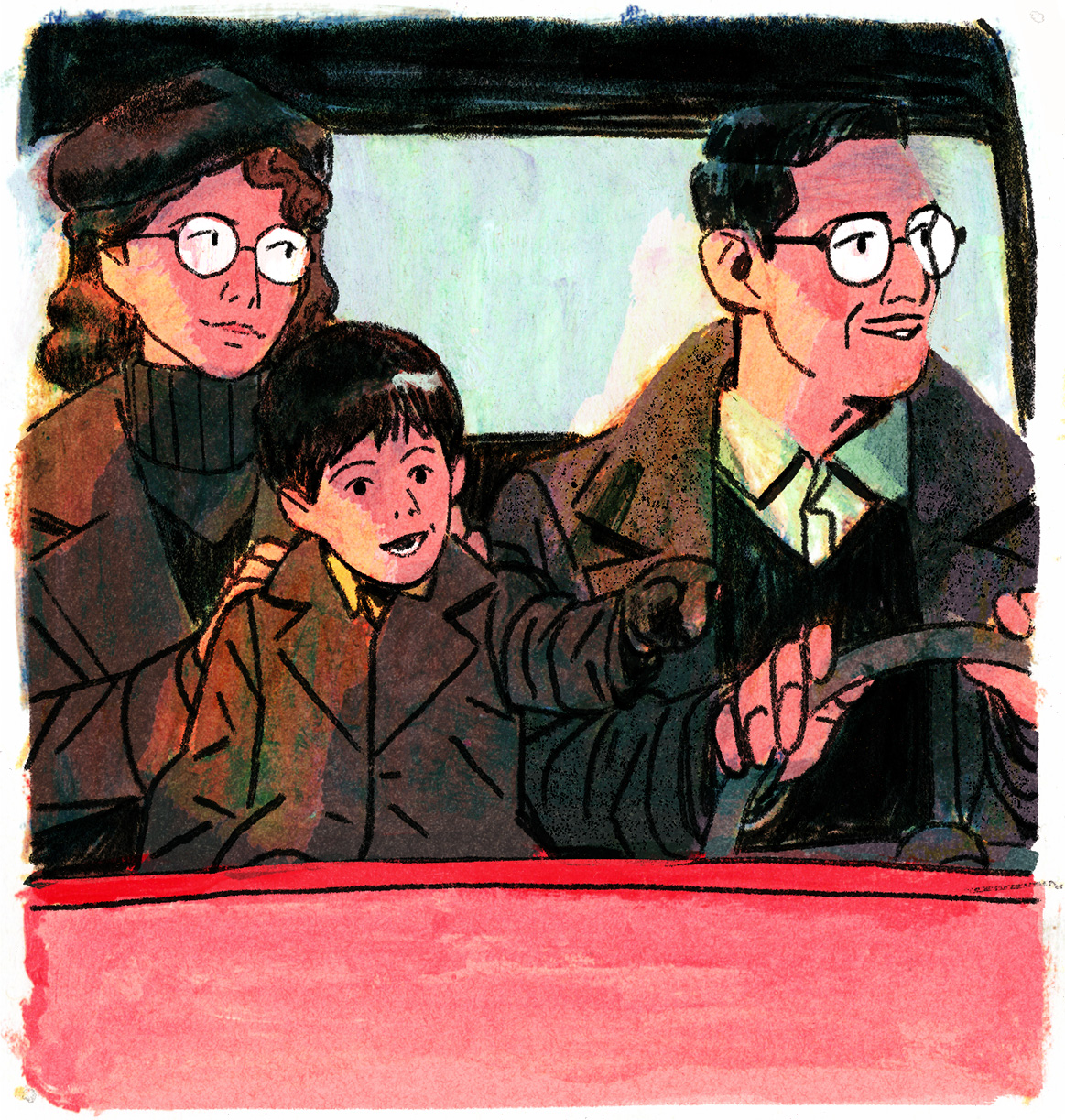 Zoom à l'intérieur de l'autoneige où se trouvent Joseph-Armand, sa femme et son fils.