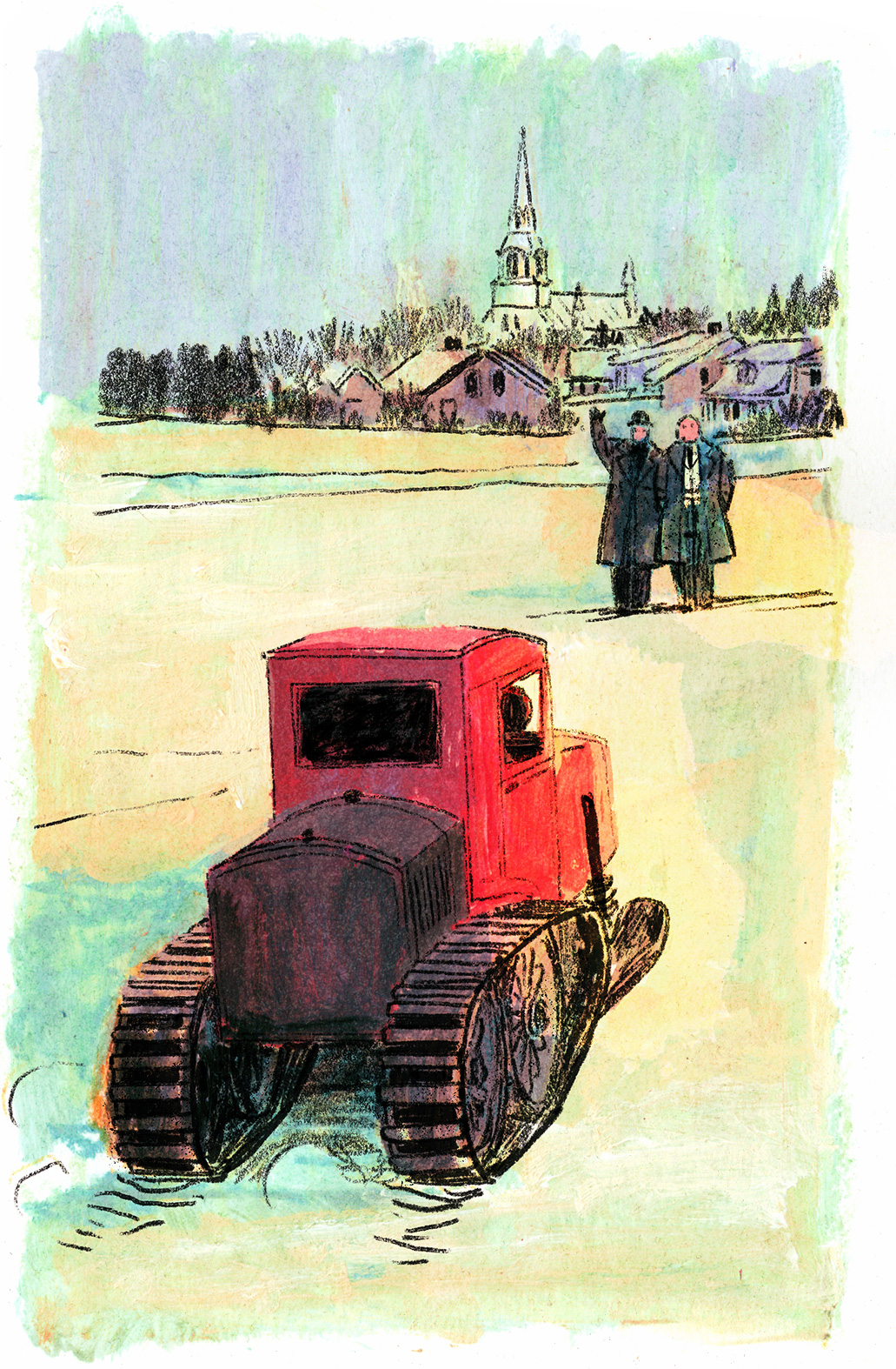 L'autoneige continue sa route à travers le paysage et se dirige vers deux nouvelles personnes, le village est en arrière-plan.