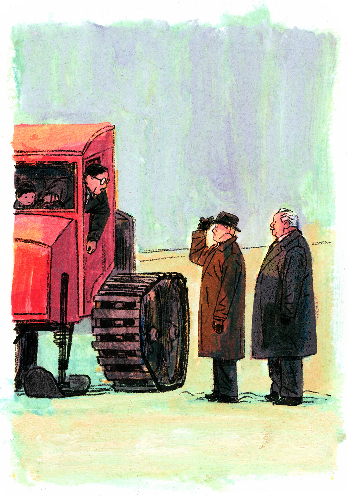 L'autoneige s'arrête de nouveau devant 2 personnes. Ce sont le curé et le docteur.