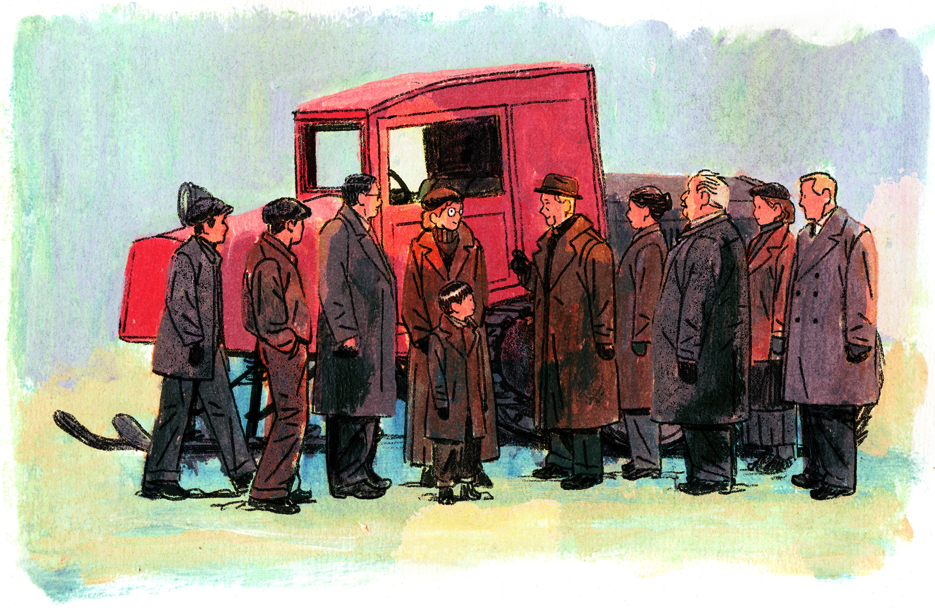 Une foule intéressée se regroupe autour de l'autoneige.