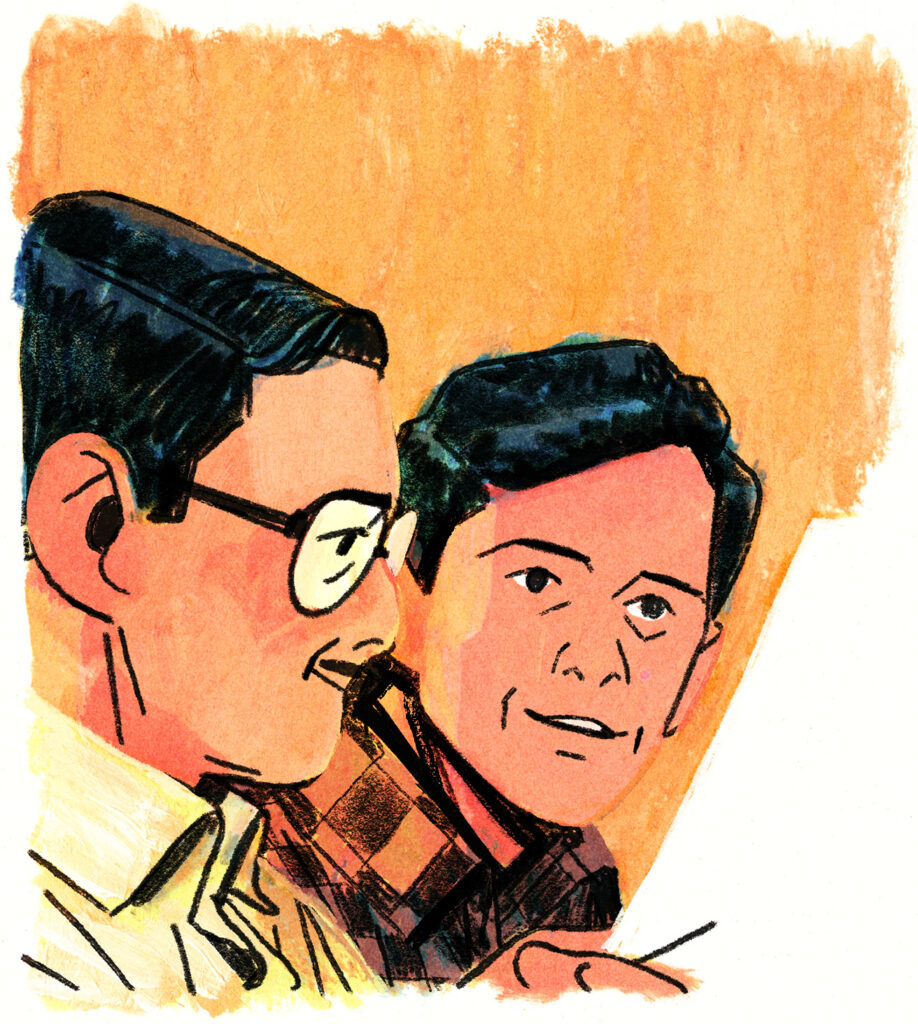 Joseph-Armand et Léopold font des plans ensemble devant une feuille de papier.