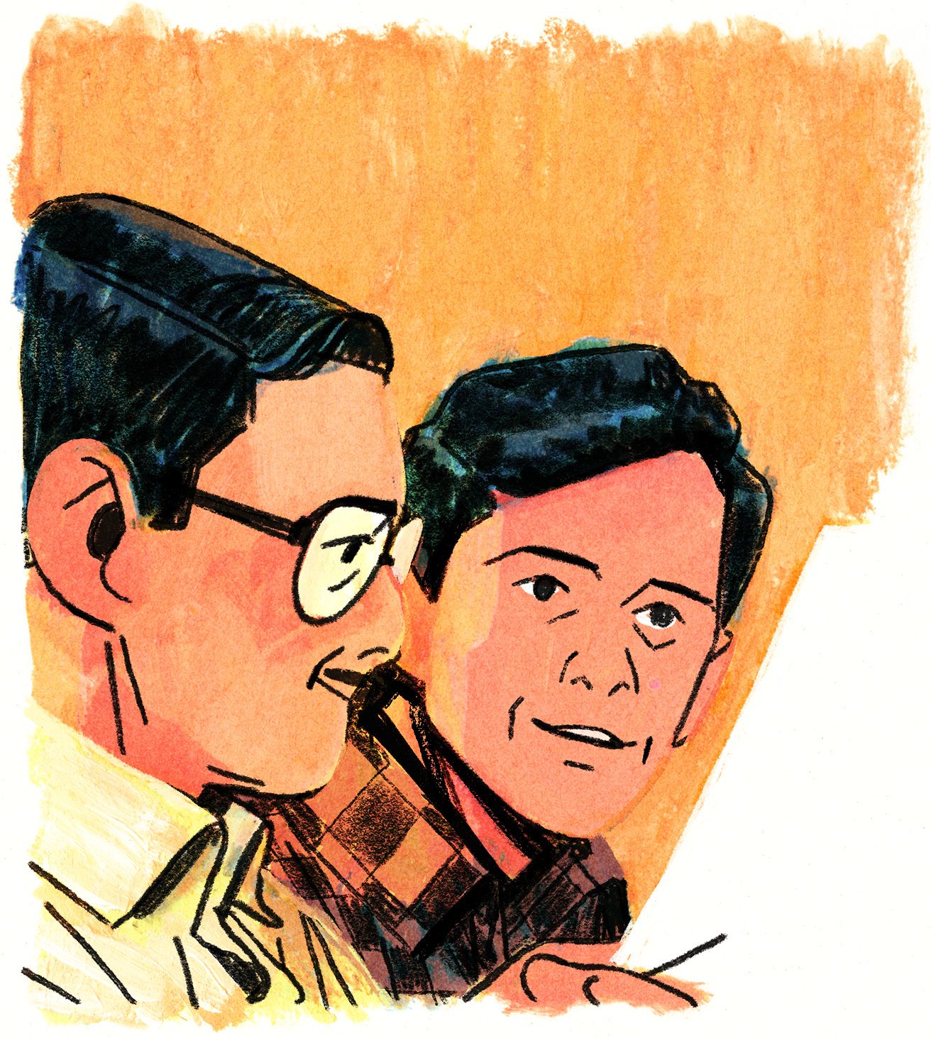 Joseph-Armand et Léopold font des plans ensemble devant une feuille de papier.