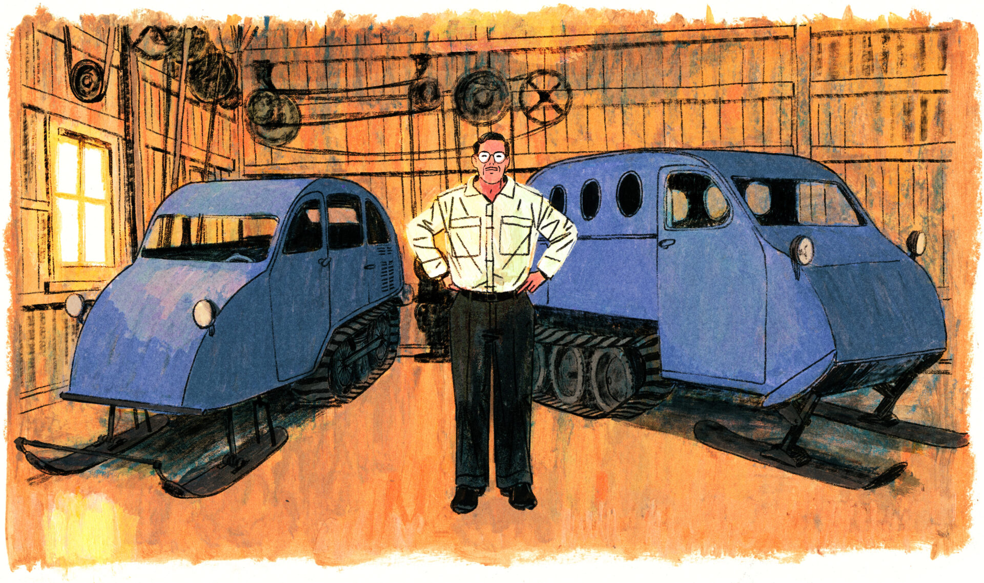 Joseph-Armand, regarde droit devant (face à nous), il est dans le garage en train de poser devant 2 de ses modèles d'autoneige qui sont de différentes tailles.