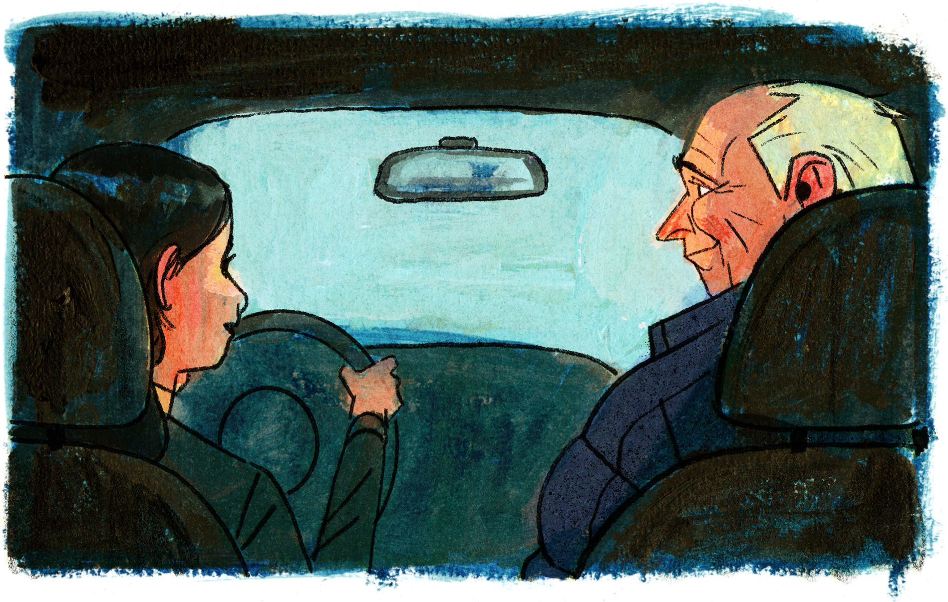 Retour dans l'auto avec le grand-père et la jeune femme du début.