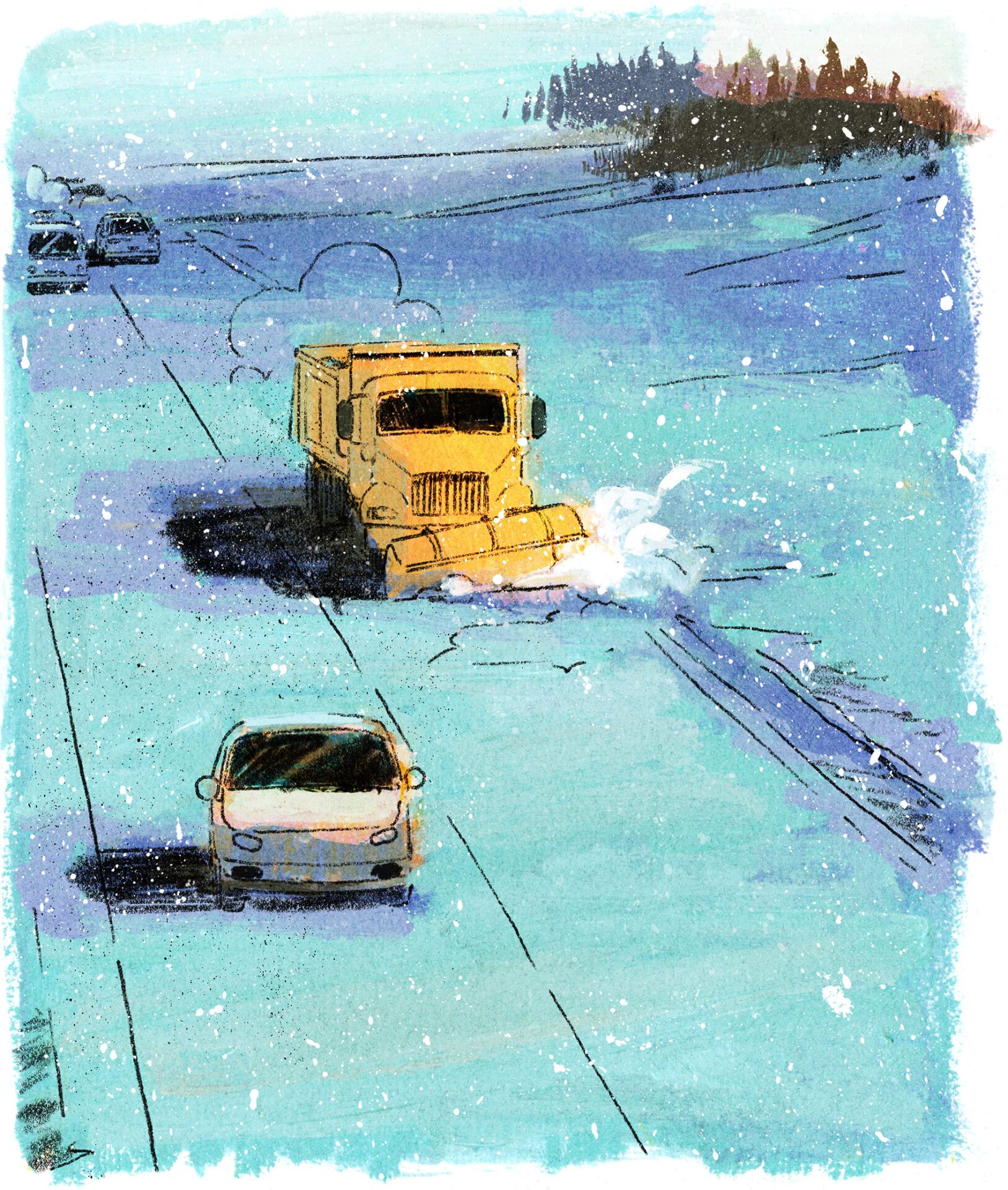 Une déneigeuse jaune arrive à côté de l'auto de la femme et de son grand-père et s’apprête à dépasser l’auto par la gauche pour dégager la route.