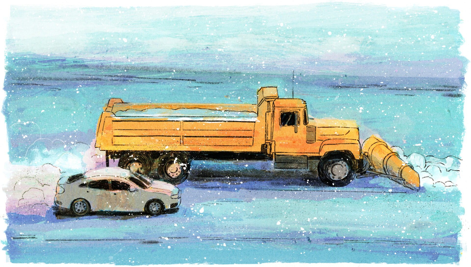 La déneigeuse dépasse la voiture par la gauche tout en chassant la neige pour dégager la route.