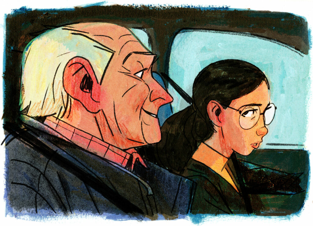 Illustration d'une jeune fille qui conduit une auto avec un monsieur à côté d'elle