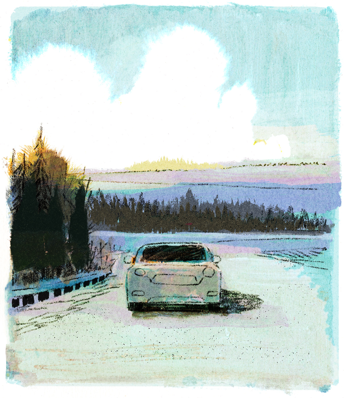 L'auto reprend sa route, avec un horizon dégagé... Et déneigé!