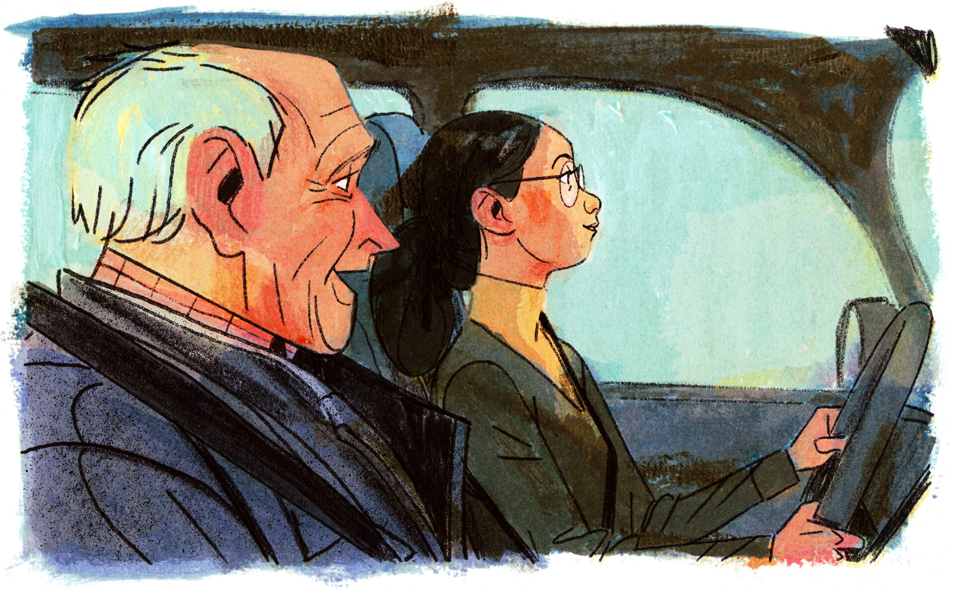 Une femme est au volant d'une des voitures bloquées dans le traffic, son grand-père est sur le siège passager à l'avant avec elle, il sourit.