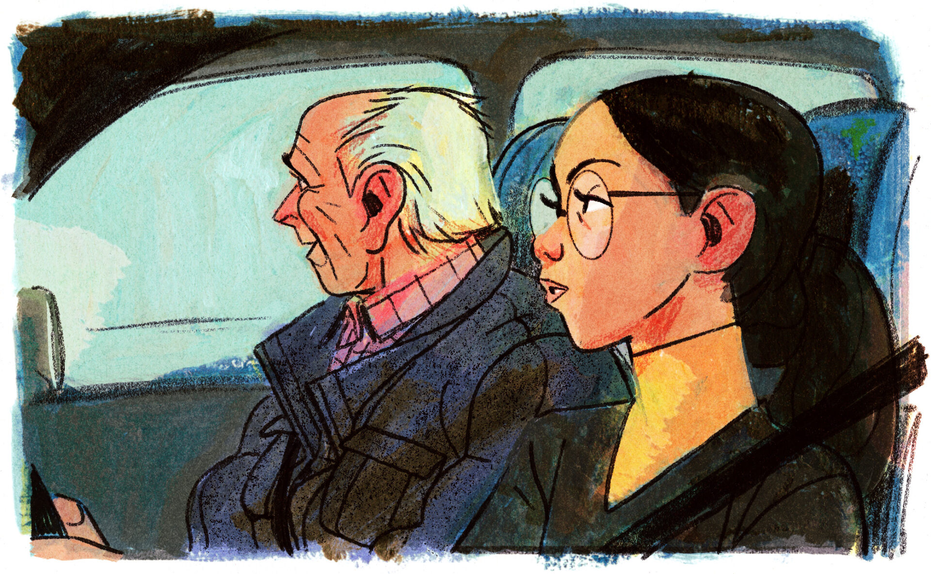 Le grand-père parle en regardant par la fenêtre, l'air nostalgique. La femme le regarde, l'air indifférent, voire agacé.