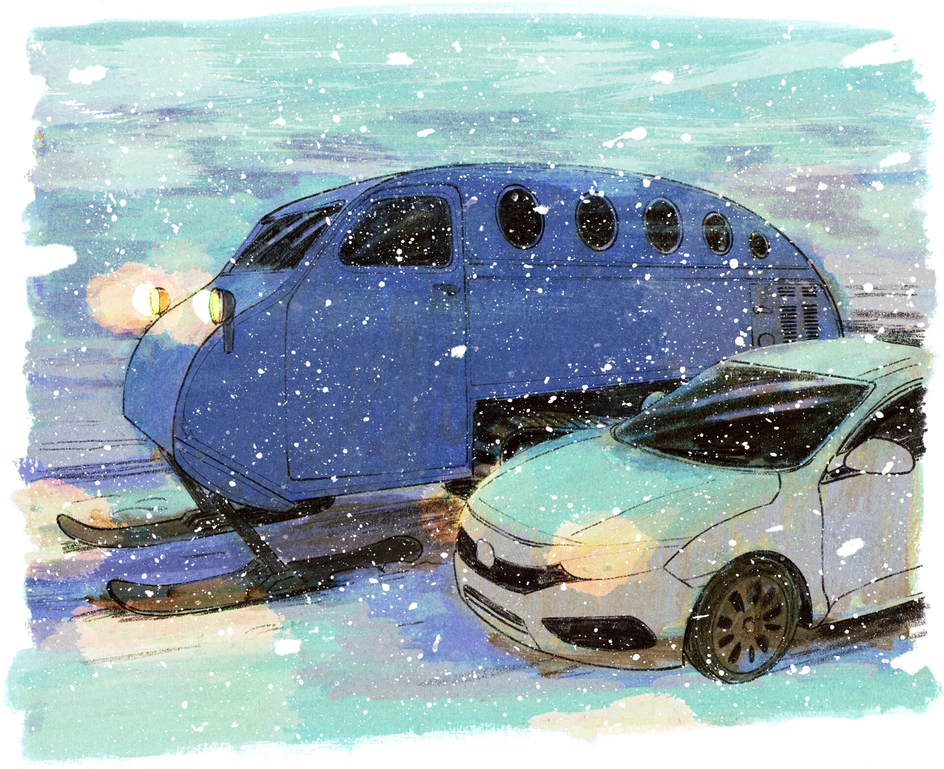 Un véhicule bleu passe à côté de la voiture, avec comme des skis à l'avant, un moteur à l'arrière et les roues arrières avec des chenilles (c'est une autoneige). Le tout ressemble à un sous-marin ou un vieil autobus.