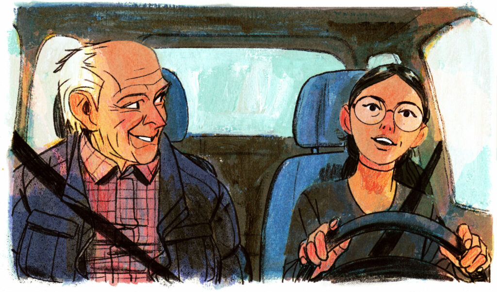 Le grand-père parle en souriant, le regrd en coin, avec un visge fier. La femme a un visage un brin taquin