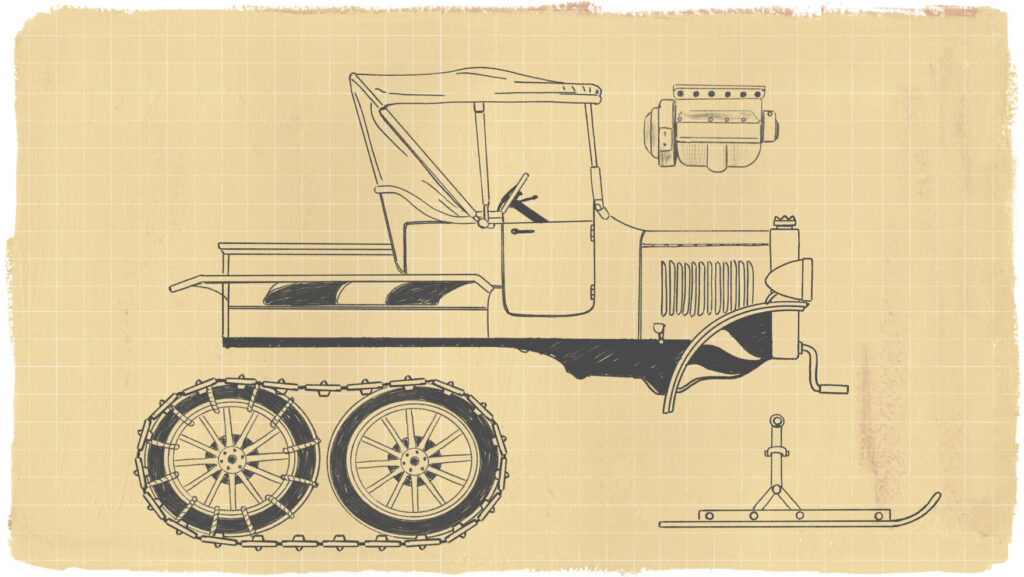 Schéma d'un véhicule esquissé sur un papier jauni à petits carreaux, avec une carrosserie de vieille voiture. L'avant du véhicule a un moteur, une sorte de ski arrive à l'avant, comme pour s'insérer là où les roues avant pourraient se trouver. Enfin, il y a un moteur à l'avant.